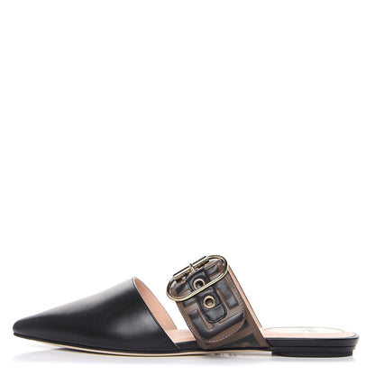 Fendi Vitello FF Embossed Buckle Flat Mules 37 Maya Black 1 of 8