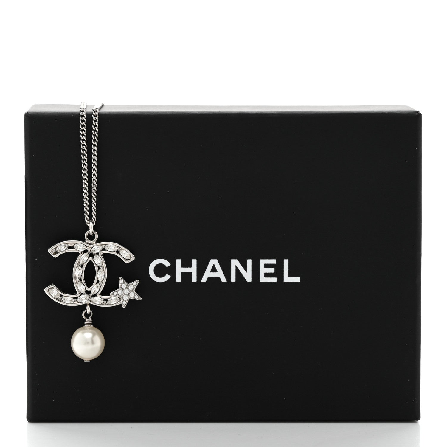 Chanel Crystal CC Star Pearl Drop Necklace Silver 6 of 6
