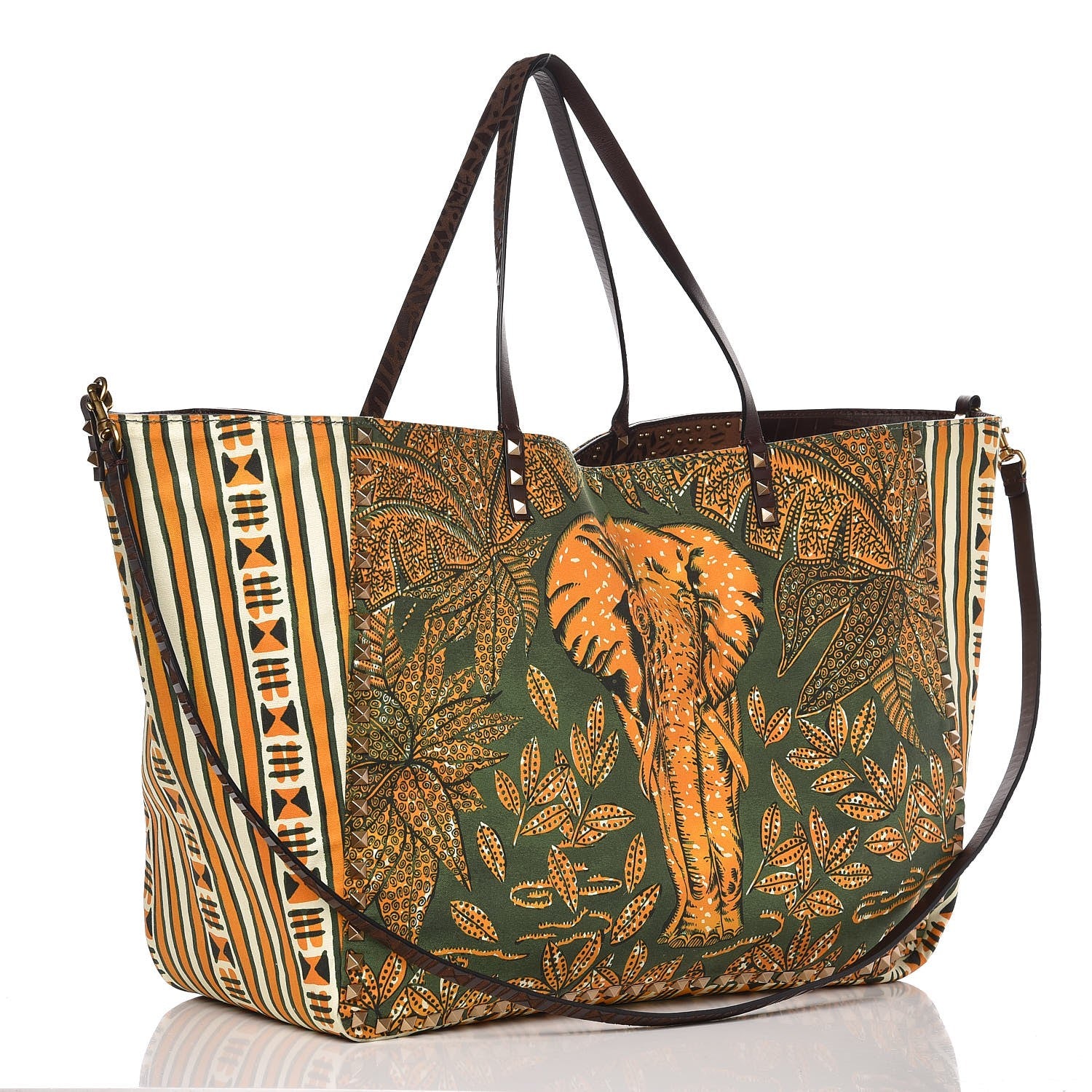 Valentino Garavani Calfskin Canvas Elephant Embossed Medium Rockstud Reversible Tote Brown 4 of 11