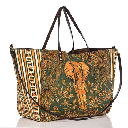 Valentino Garavani Calfskin Canvas Elephant Embossed Medium Rockstud Reversible Tote Brown 4 of 11