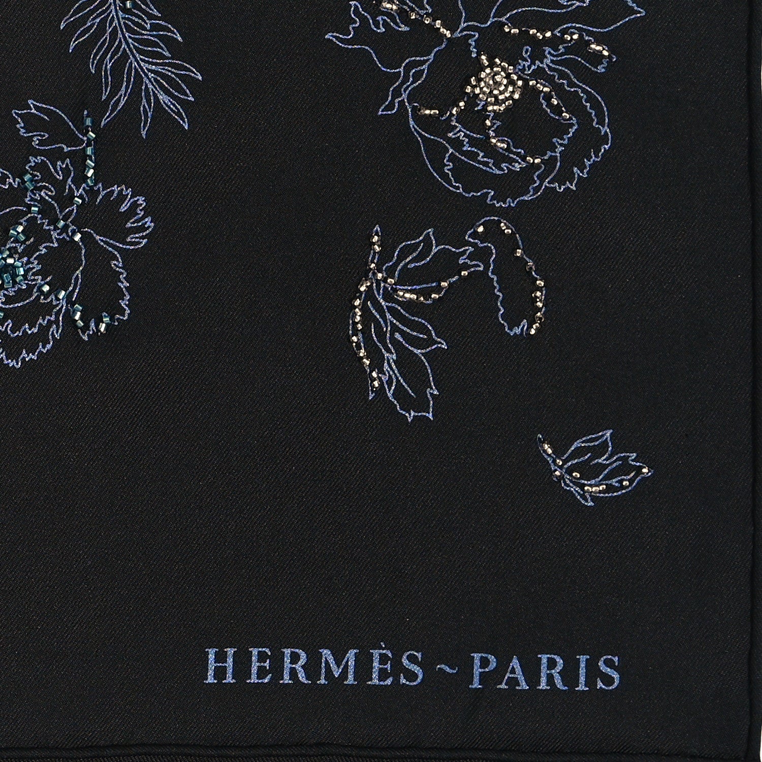 Hermes Silk Embroidered Robe Legere Scarf 90 Black Bleu 2 of 4