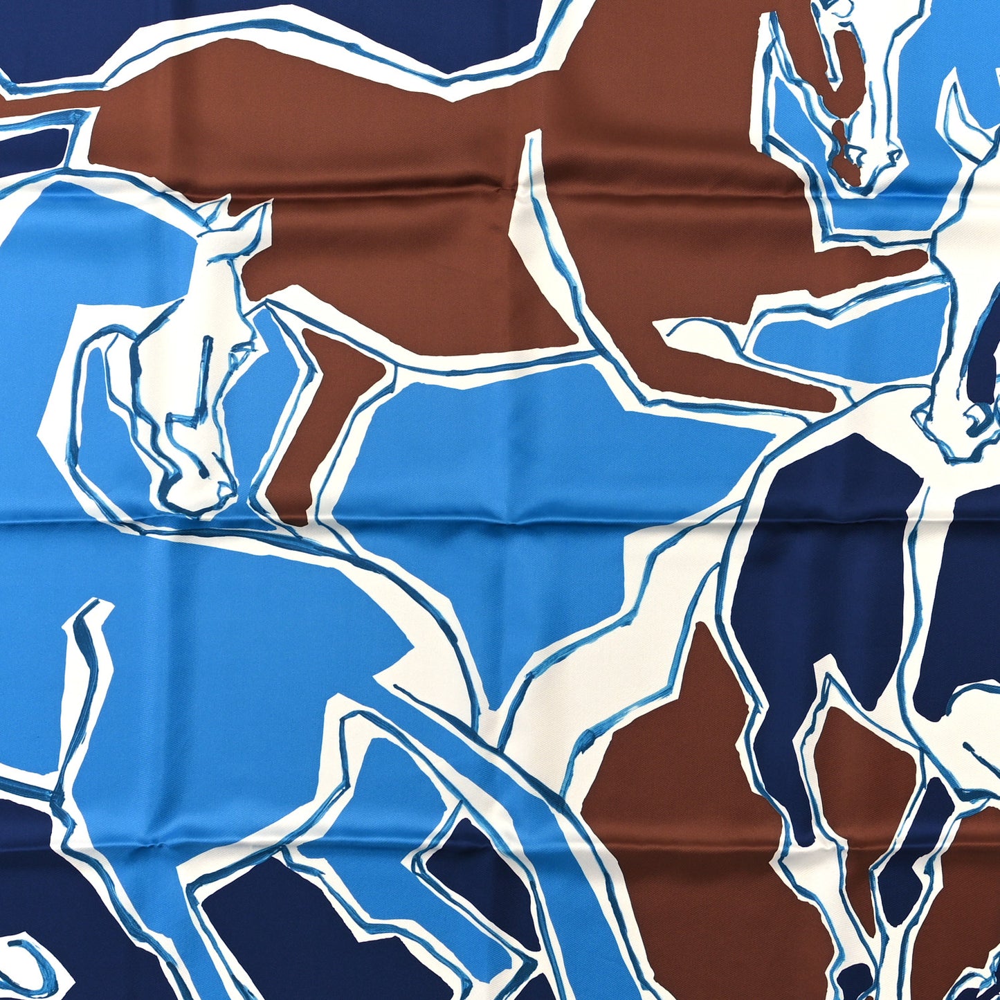 Silk La Danse des Chevaux Scarf 90 Marine Cobalt Marron