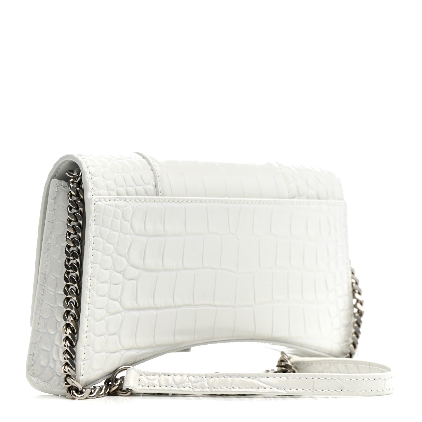 Shiny Calfskin Crocodile Embossed Small Hourglass Evening Chain Bag White