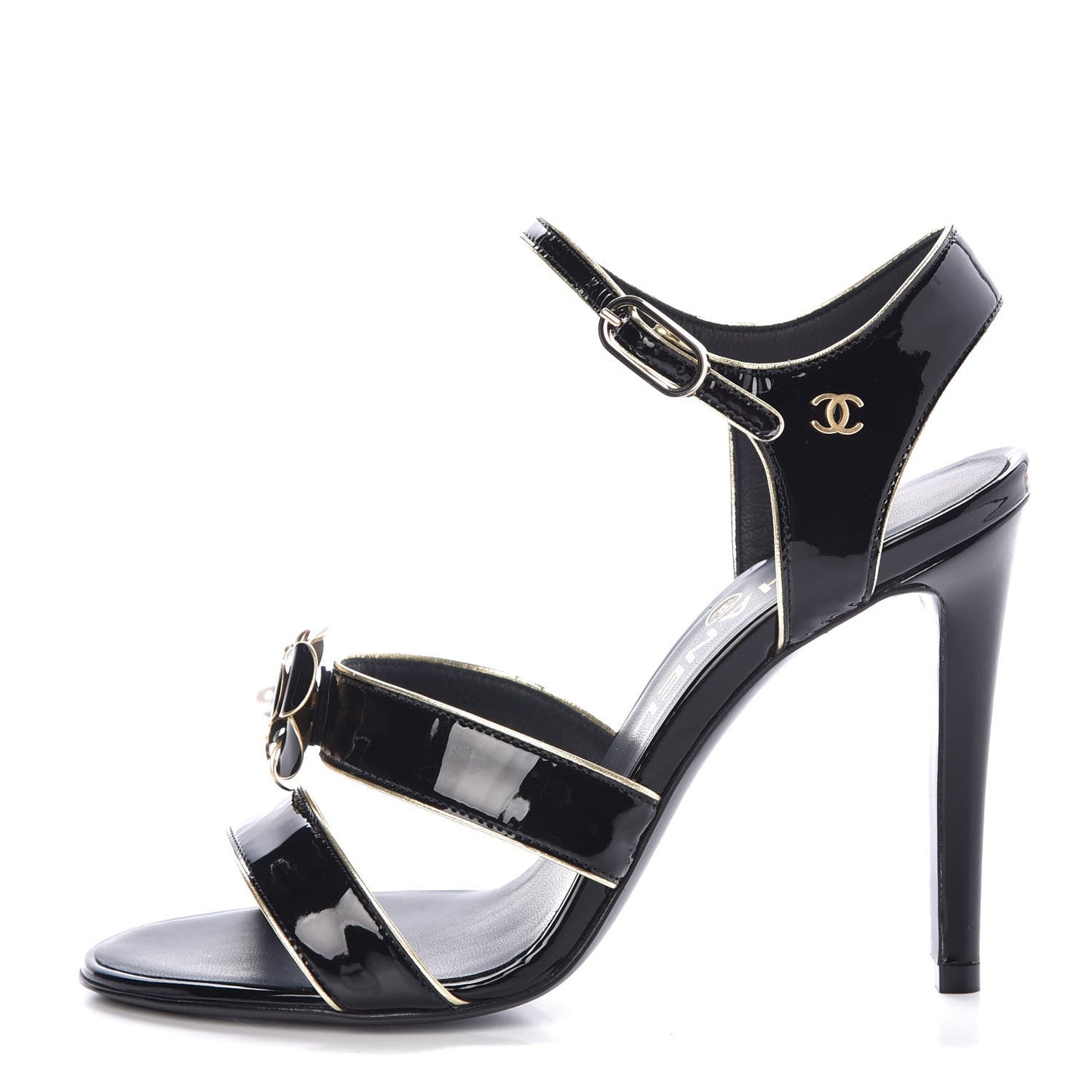 Patent Goatskin Camellia CC Sandals 36 Black Gold