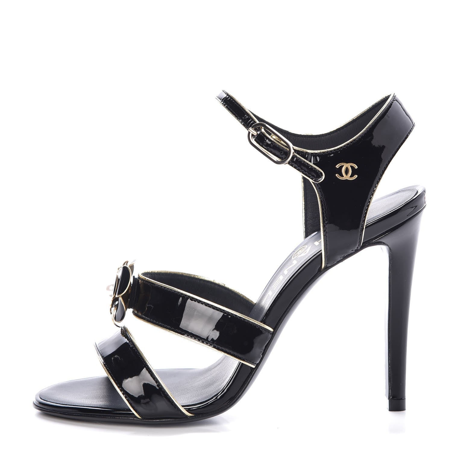 Chanel Patent Goatskin Camellia CC Sandals 36 Black Gold 1 of 9