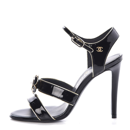 Chanel Patent Goatskin Camellia CC Sandals 36 Black Gold 1 of 9