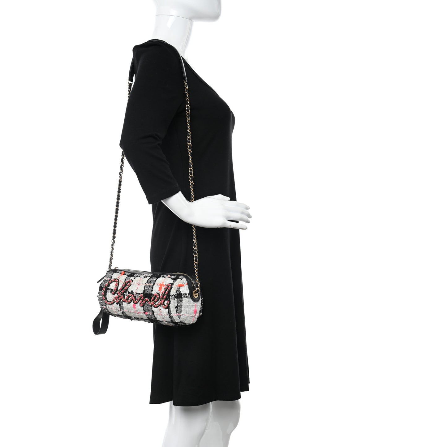 Tweed Calfskin Signe Bowling Bag White Black