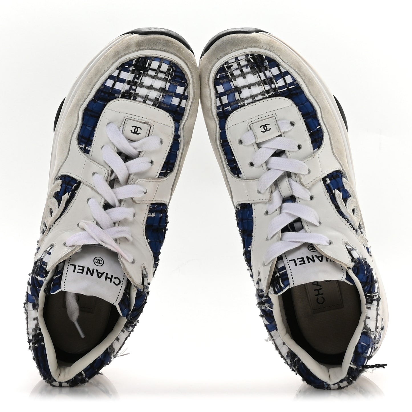 Tweed Suede Calfskin Womens CC Sneakers 39.5 Dark Blue Black Grey White