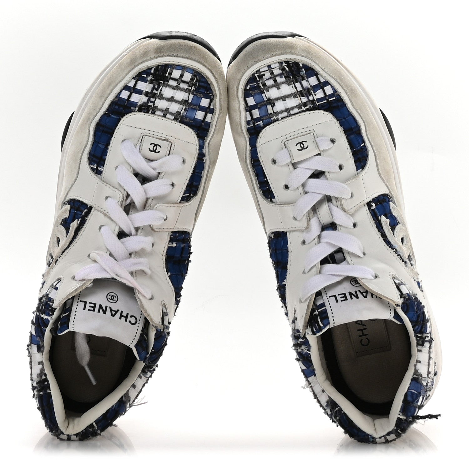Chanel Tweed Suede Calfskin Womens CC Sneakers 39.5 Dark Blue Black Grey White 2 of 7