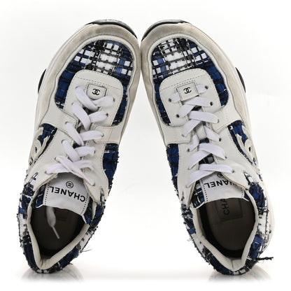 Chanel Tweed Suede Calfskin Womens CC Sneakers 39.5 Dark Blue Black Grey White 2 of 7