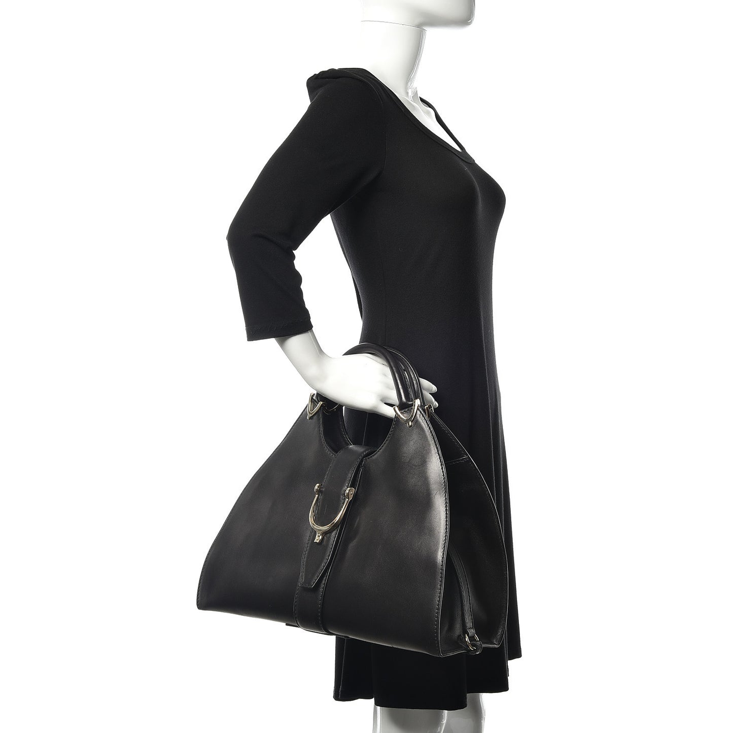 Calfskin Medium Stirrup Top Handle Bag Black