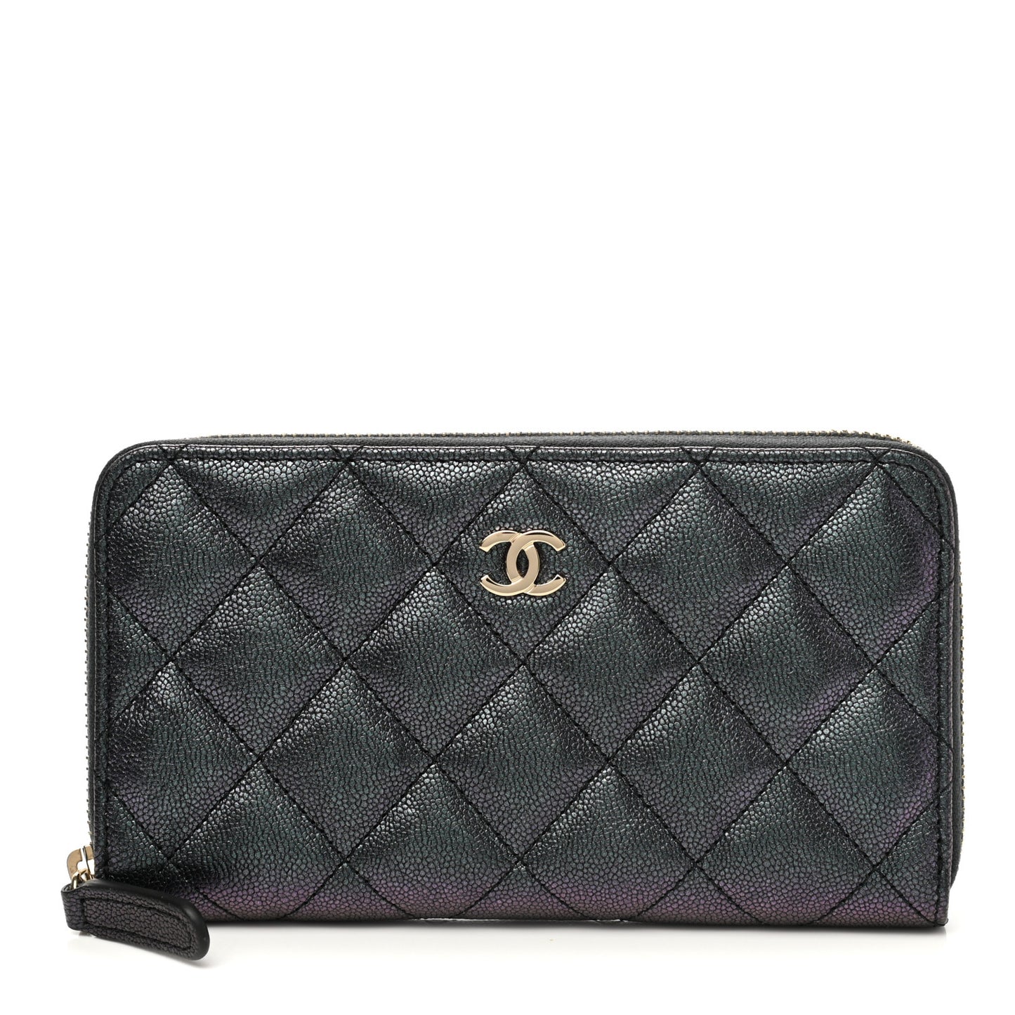Iridescent Caviar Quilted Medium Zip Around Wallet Black