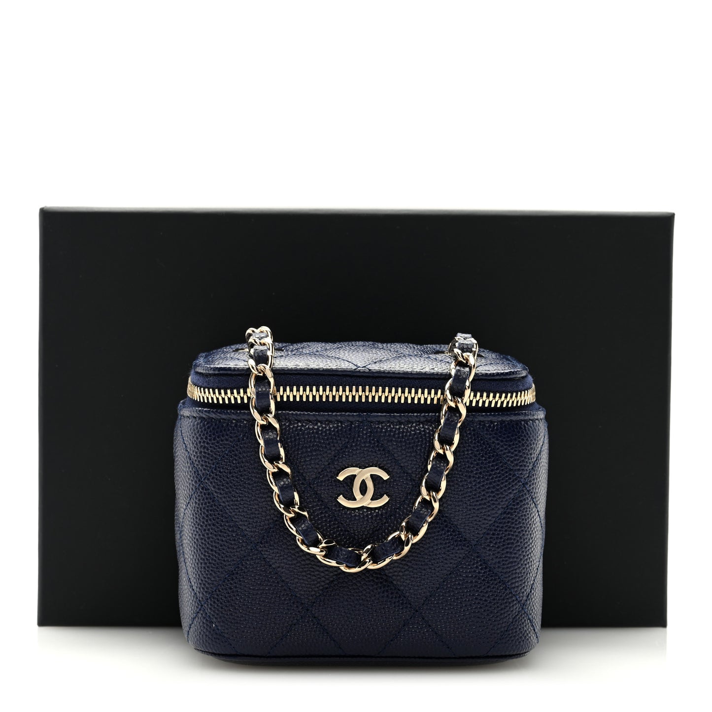 Caviar Quilted Mini Vanity Case With Chain Navy Blue