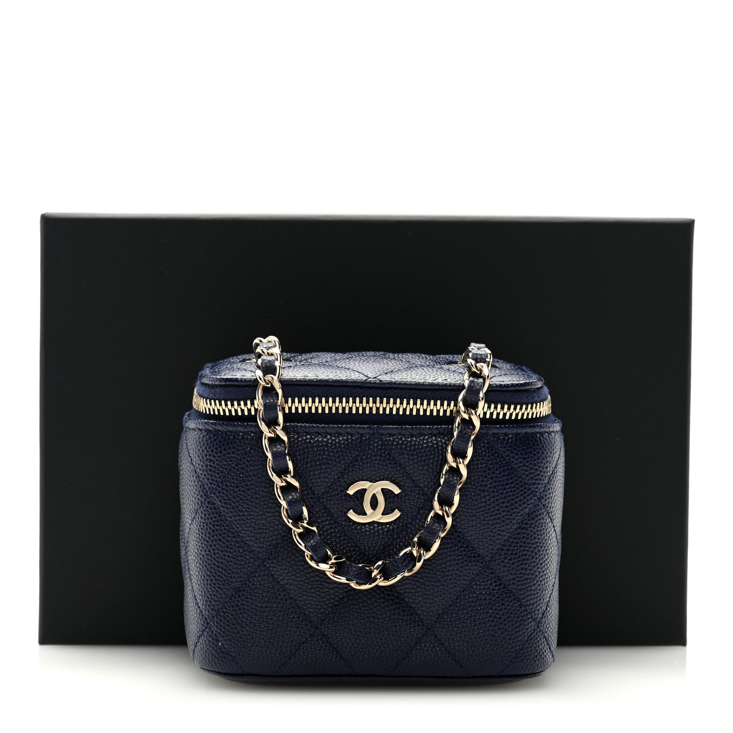 Chanel Caviar Quilted Mini Vanity Case With Chain Navy Blue 10 of 10