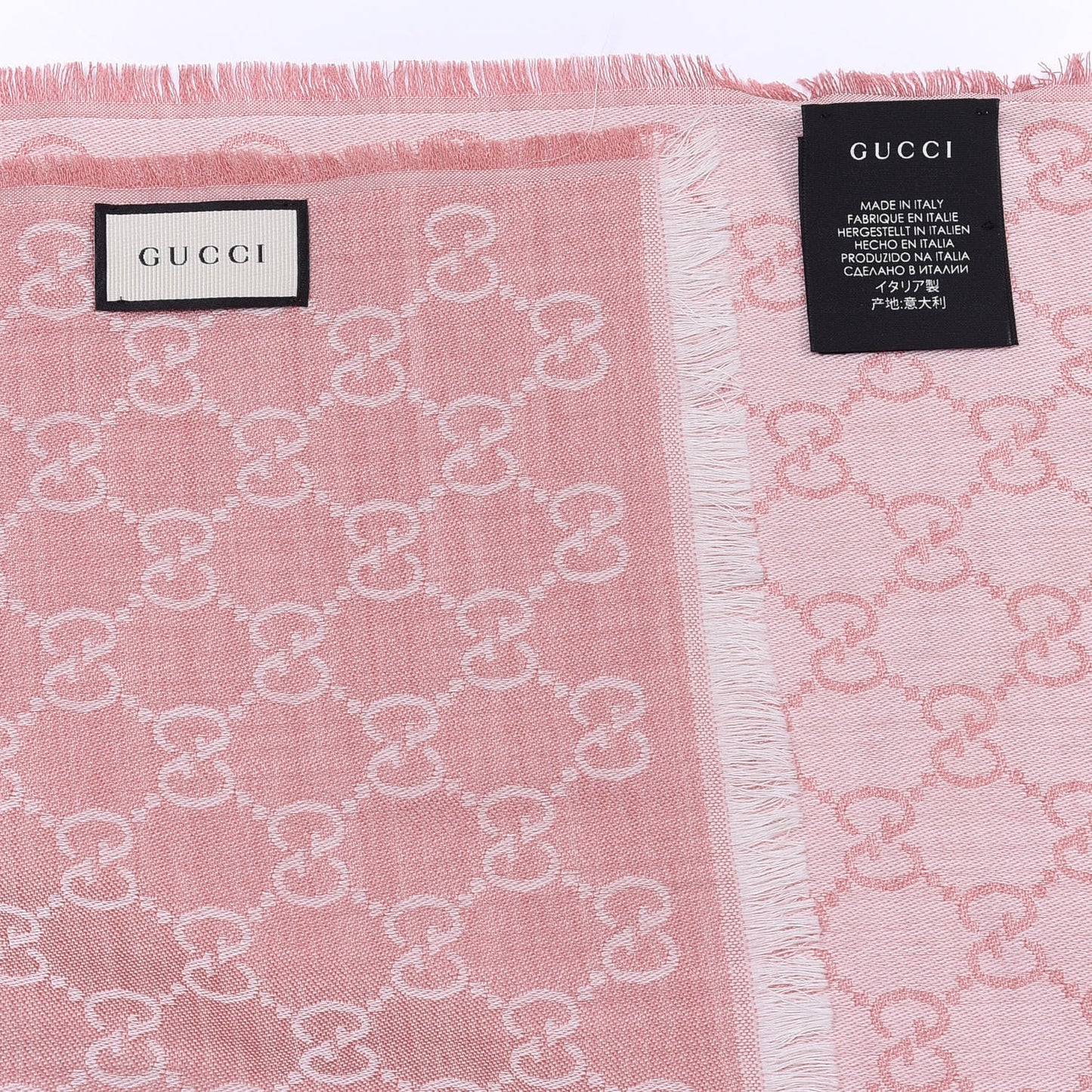 Wool Silk Monogram Fringe Scarf Pink