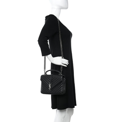 Saint Laurent Sheepskin Matelasse Chevron Monogram Medium College Bag Black 2 of 11