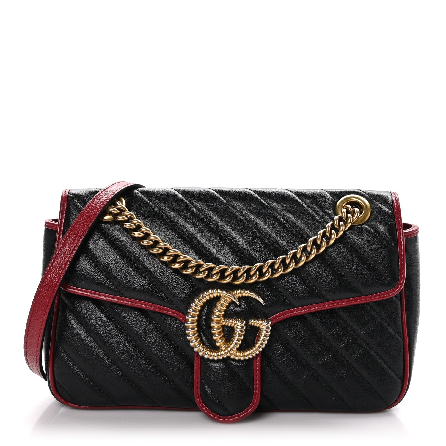 Gucci Vintage Effect Calfskin Matelasse Diagonal Small Torchon GG Marmont Shoulder Bag Black Romantic Cherry 1 of 10