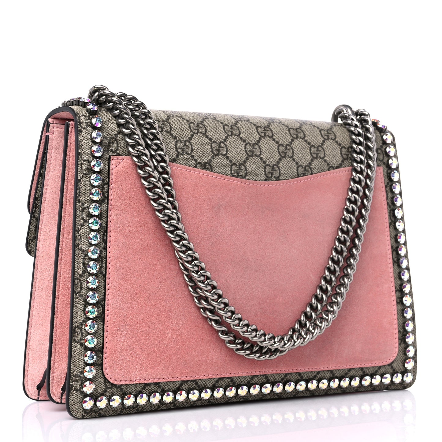 GG Supreme Monogram Suede Crystal Medium Dionysus Shoulder Bag Beige Ebony Light Peonia