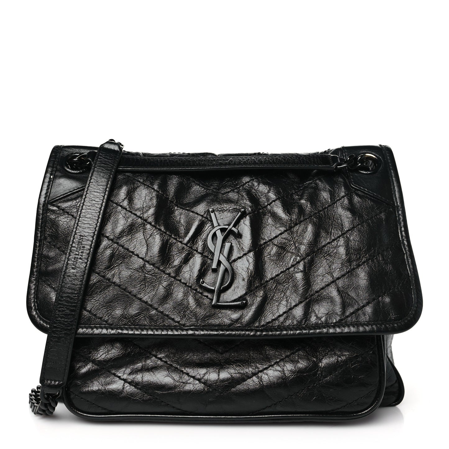 Crinkled Calfskin Matelasse Monogram Medium Niki Chain Satchel Black
