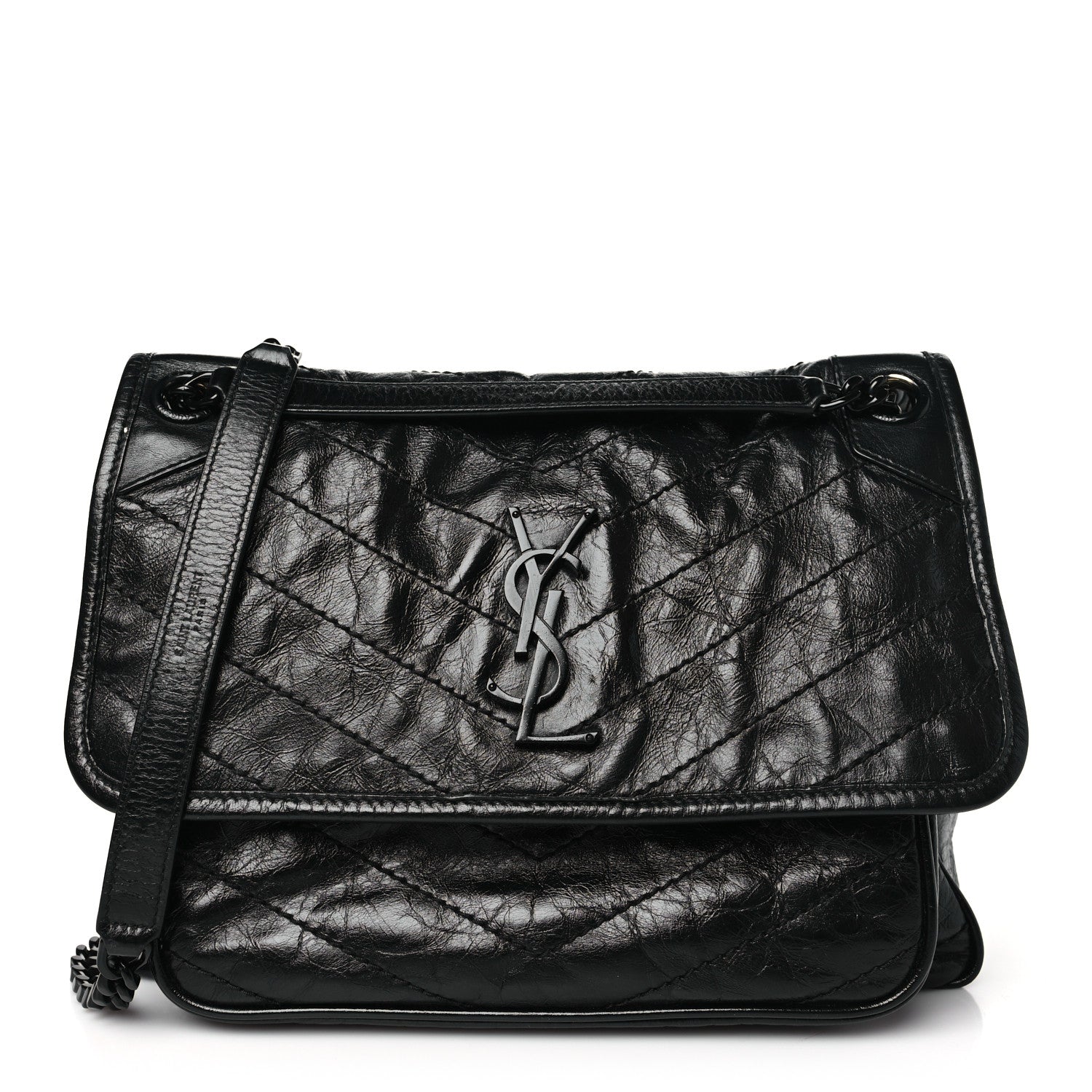 Saint Laurent Crinkled Calfskin Matelasse Monogram Medium Niki Chain Satchel Black 1 of 12