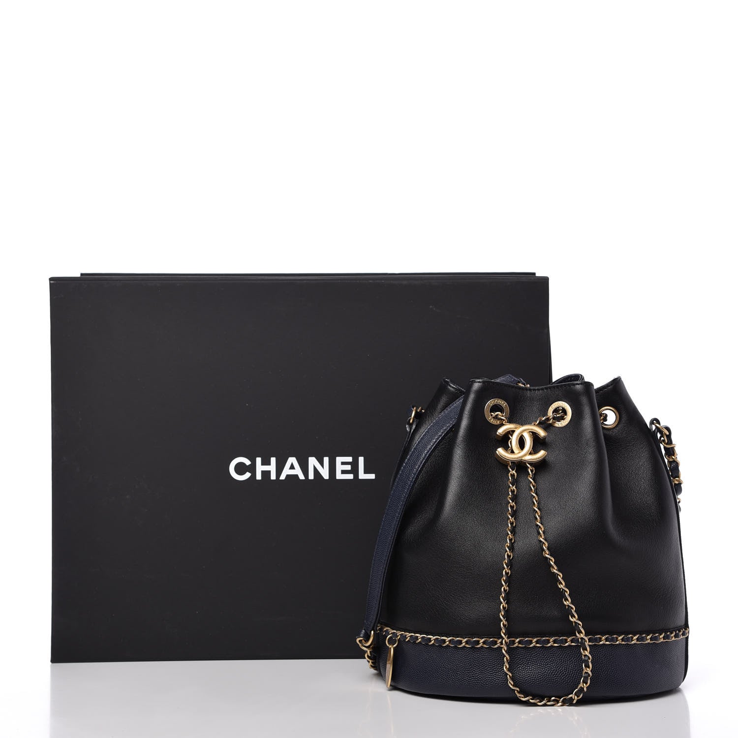Chanel Lambskin Caviar Lovely Chains Drawstring Bag Black Dark Blue 12 of 12
