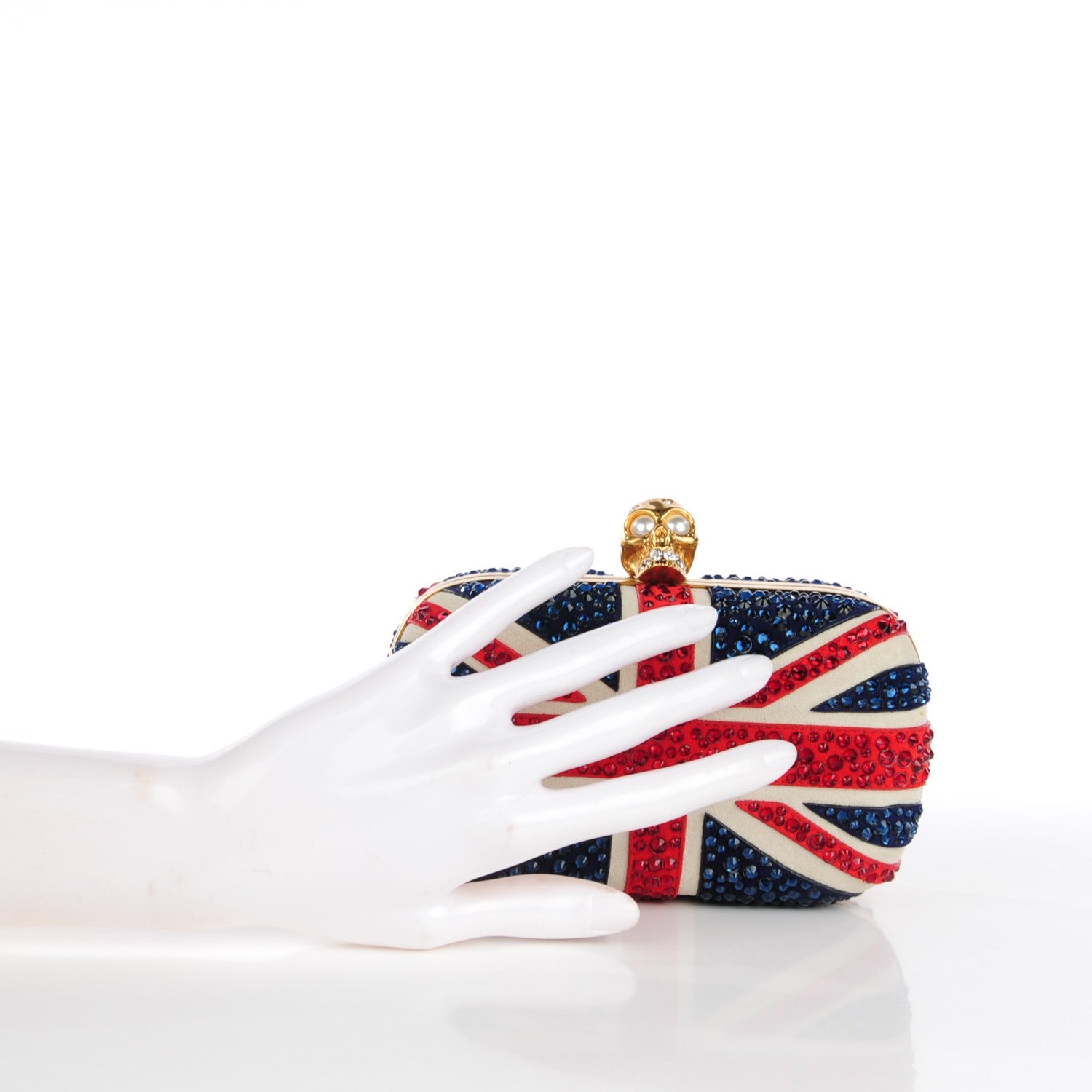 Alexander McQueen Suede Swarovski Crystal Pearl Britannia Skull Box Clutch Red Blue 2 of 7