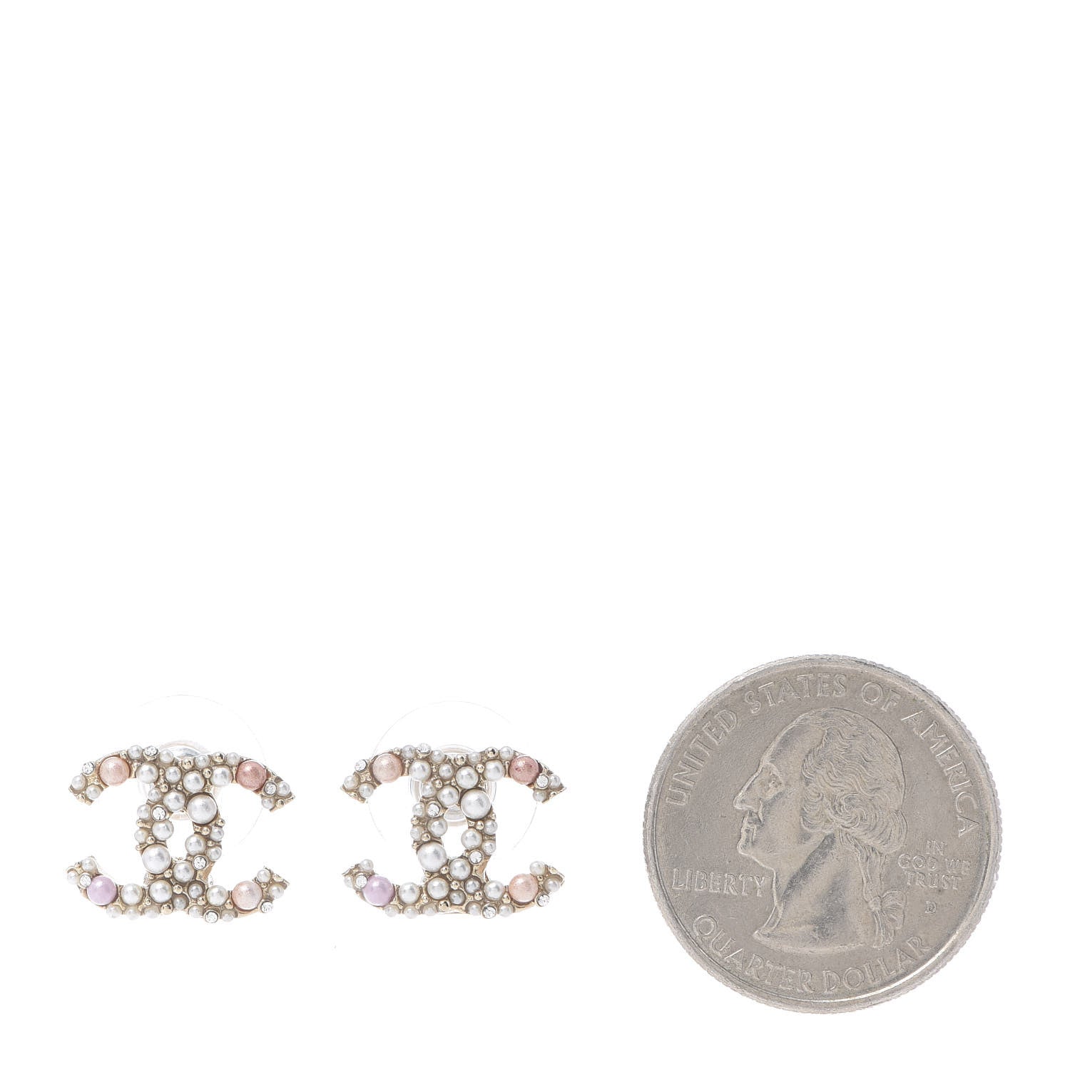 Chanel Pearl Crystal CC Charms Stud Earrings Light Gold Pink 2 of 4