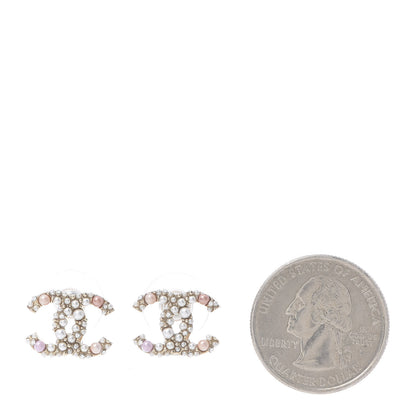 Chanel Pearl Crystal CC Charms Stud Earrings Light Gold Pink 2 of 4
