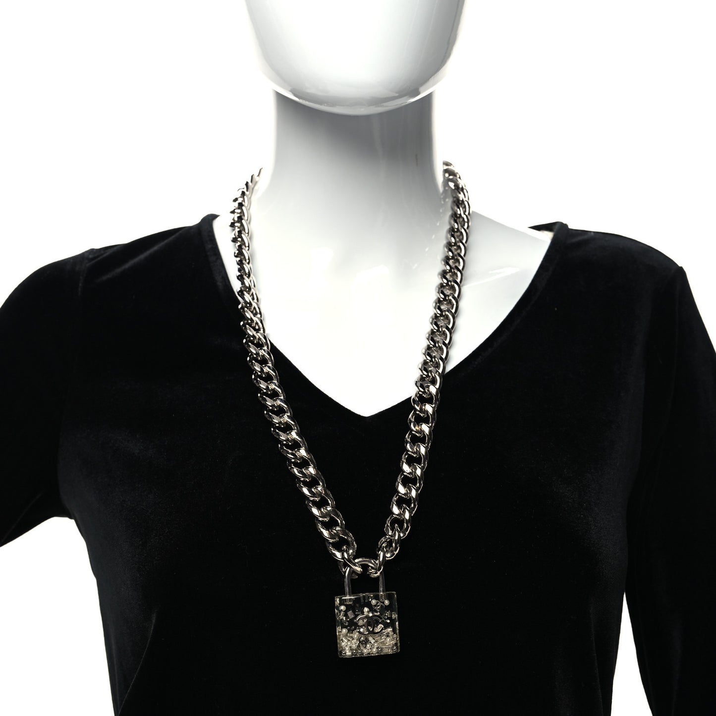 Resin CC Oversized Padlock Chain Necklace Silver Pearly White