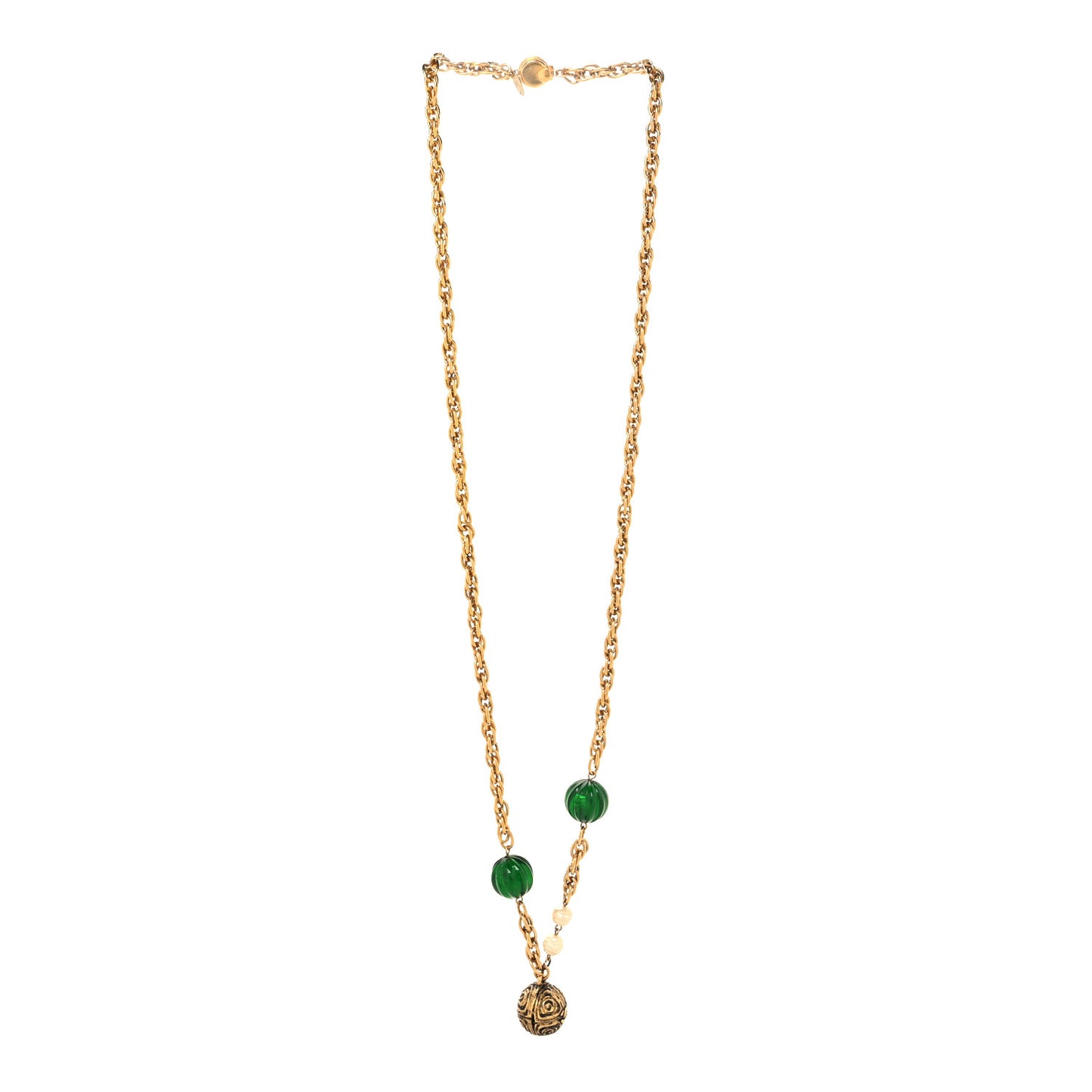 Crystal Gripoix Poured Glass Pearl Sphere Pendant Necklace Gold Green