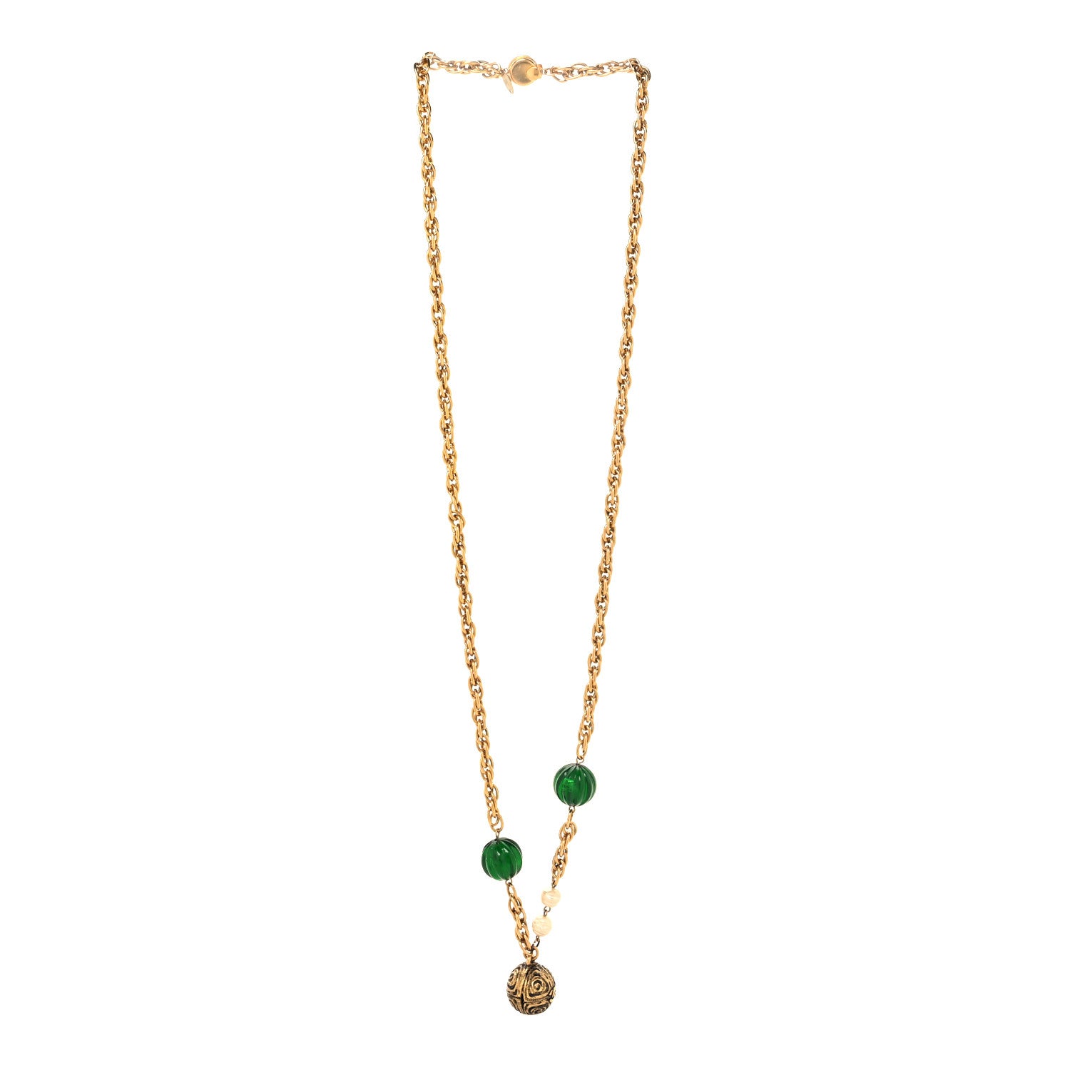 Chanel Crystal Gripoix Poured Glass Pearl Sphere Pendant Necklace Gold Green 3 of 6