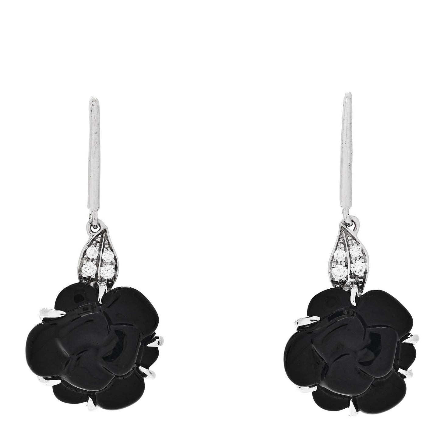 18K White Gold Diamond Black Onyx Camelia Sculpte Drop Earrings