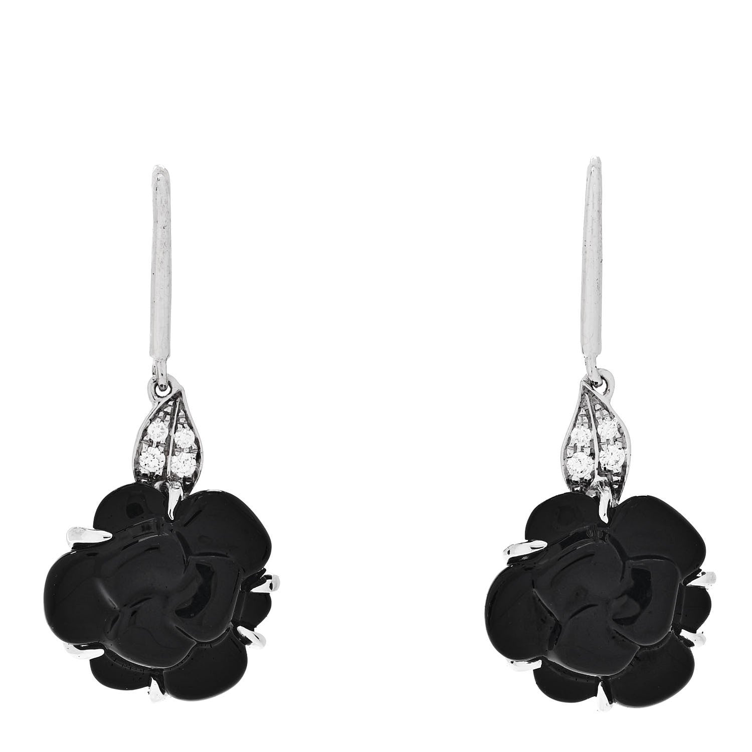 Chanel 18K White Gold Diamond Black Onyx Camelia Sculpte Drop Earrings 1 of 4