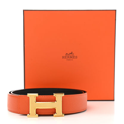 Hermes Epsom Swift 32mm Guilloche H Belt 80 Black Orange 6 of 6
