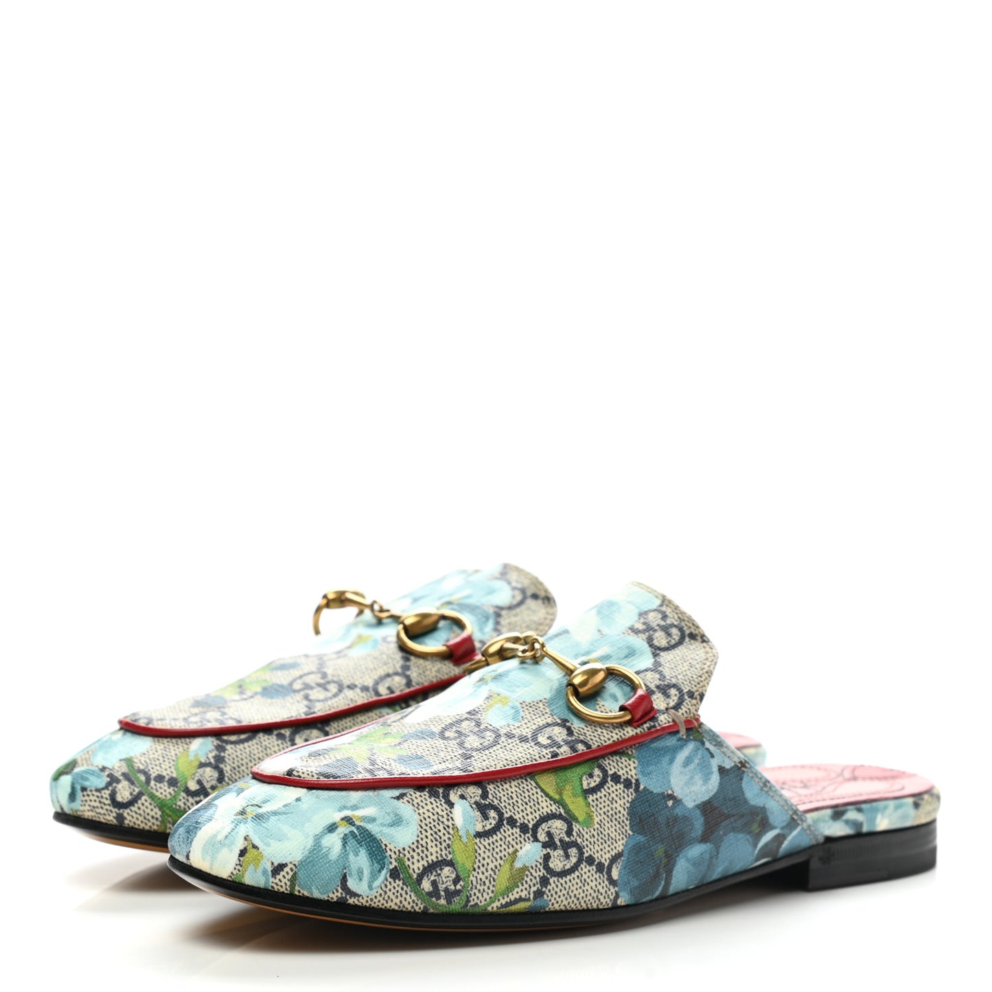 GG Supreme Monogram Blooms Womens Princetown Slippers 34 Beige Blue Navy Hibiscus Red