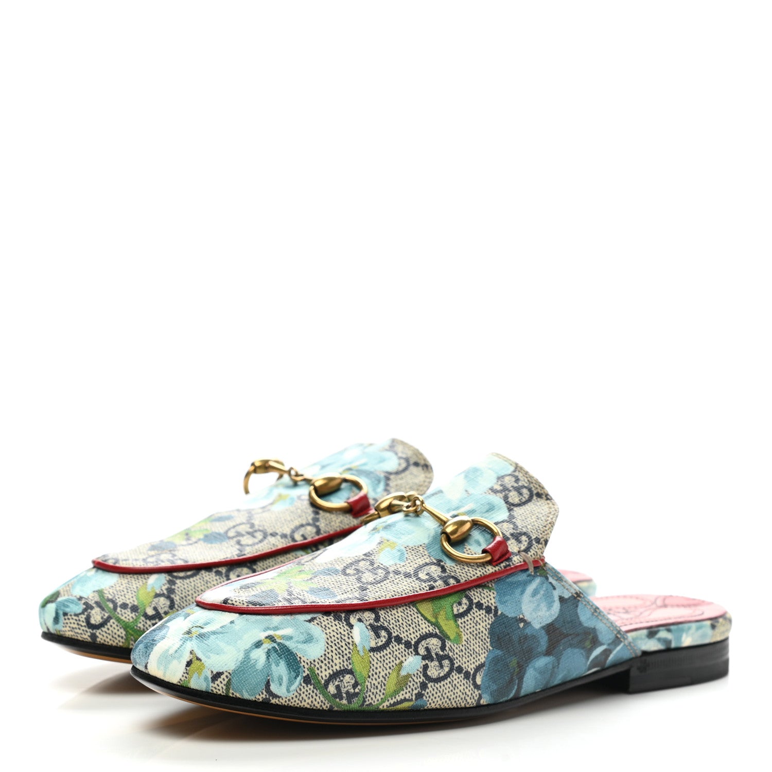 Gucci GG Supreme Monogram Blooms Womens Princetown Slippers 34 Beige Blue Navy Hibiscus Red 3 of 11