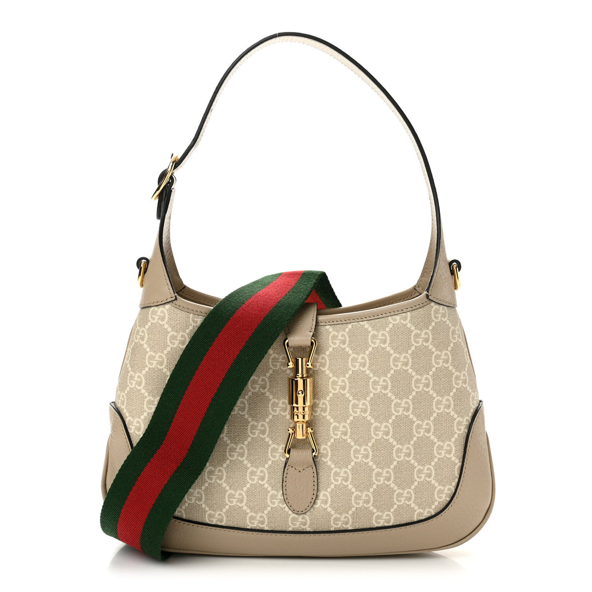 Gucci GG Supreme Monogram Textured Dollar Calfskin Web Small Jackie 1961 Hobo Beige Mystic White Oatmeal 1 of 11