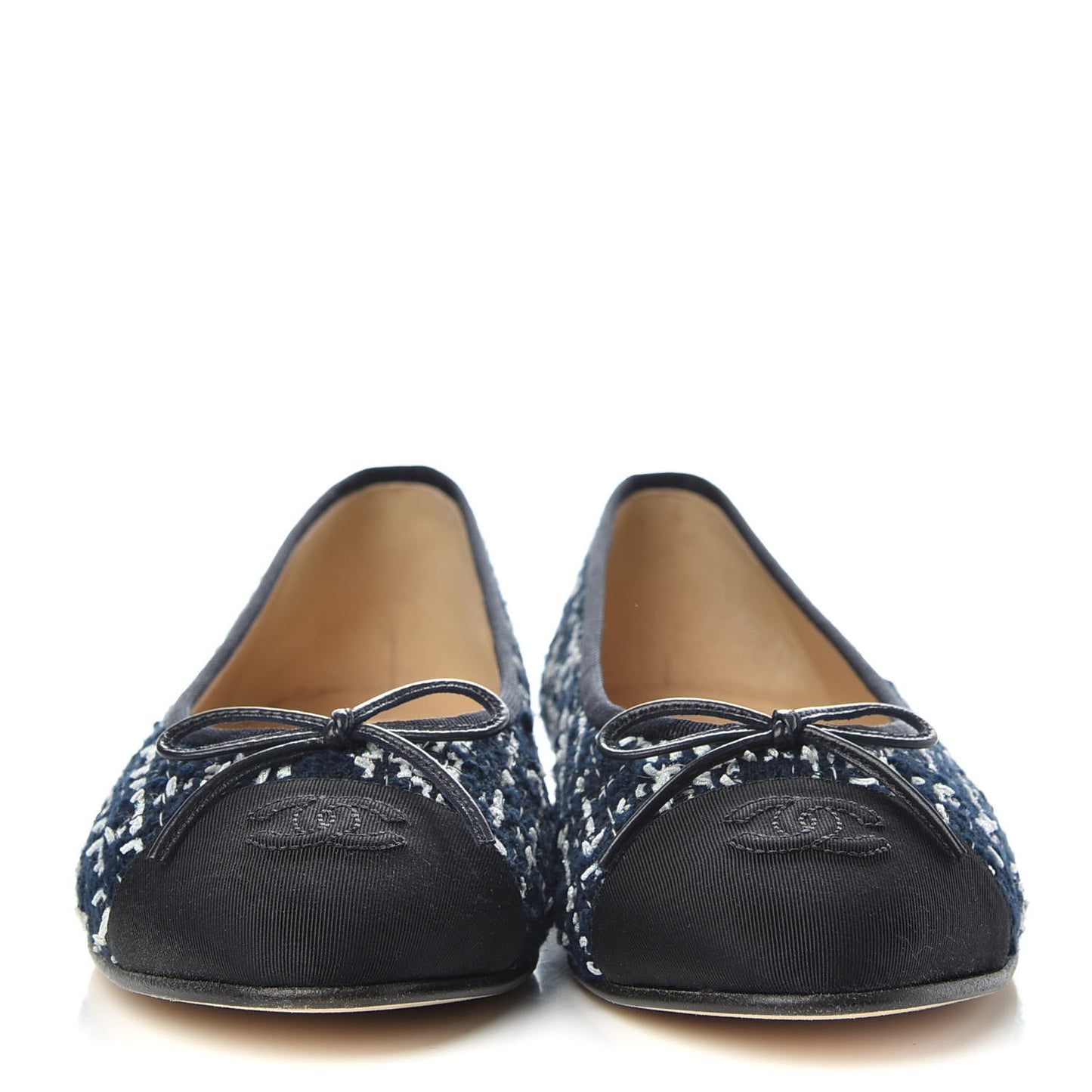Tweed Grosgrain Cap Toe Ballerina Flats 38.5 Navy Blue White Black