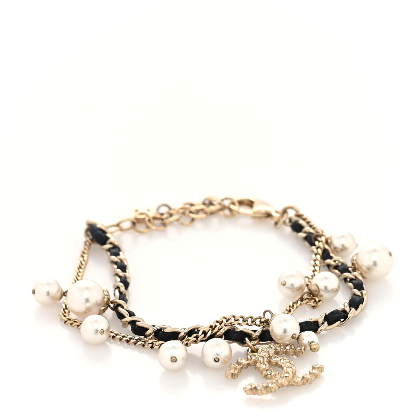 Lambskin Pearl Crystal Chain CC Bracelet Black Gold