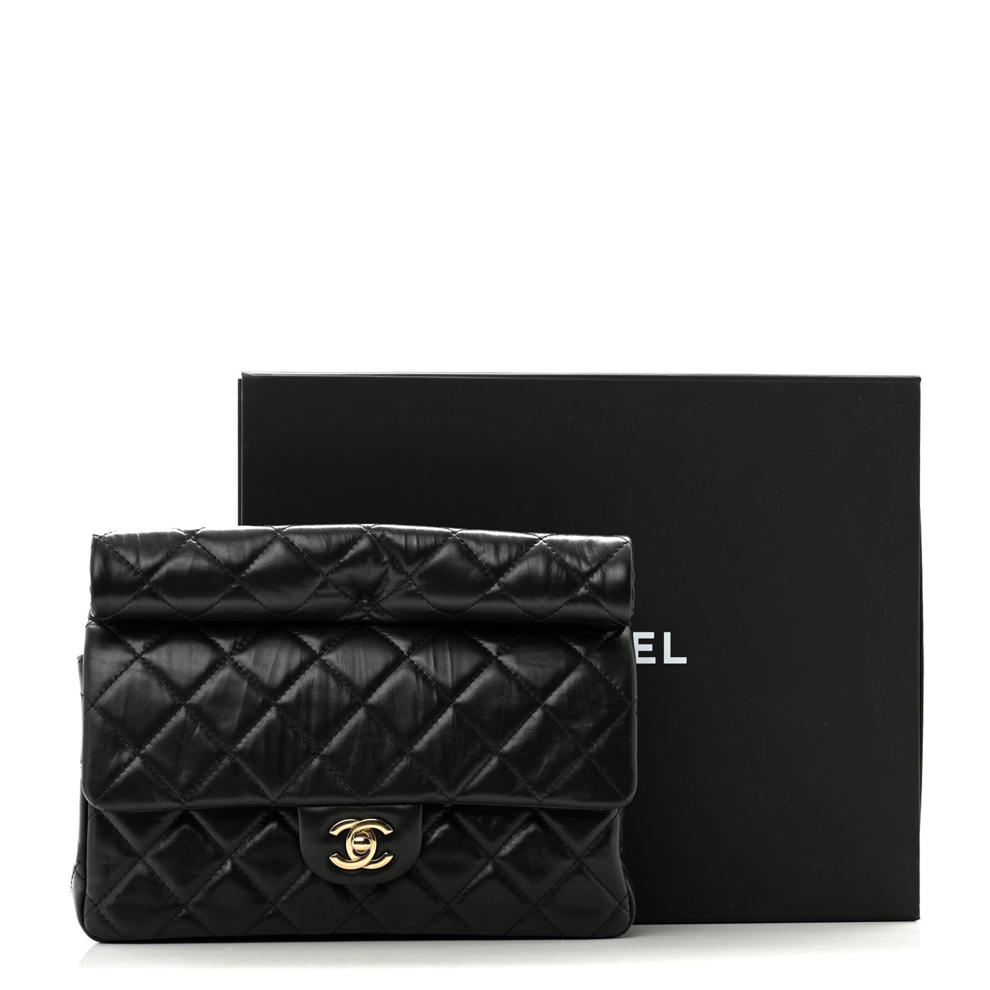 Crumpled Calfskin Quilted Clutch Black