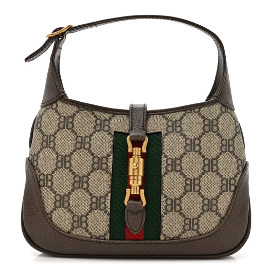 X BALENCIAGA BB Supreme Monogram Calfskin Web Mini Jackie 1961 Hobo Beige Ebony