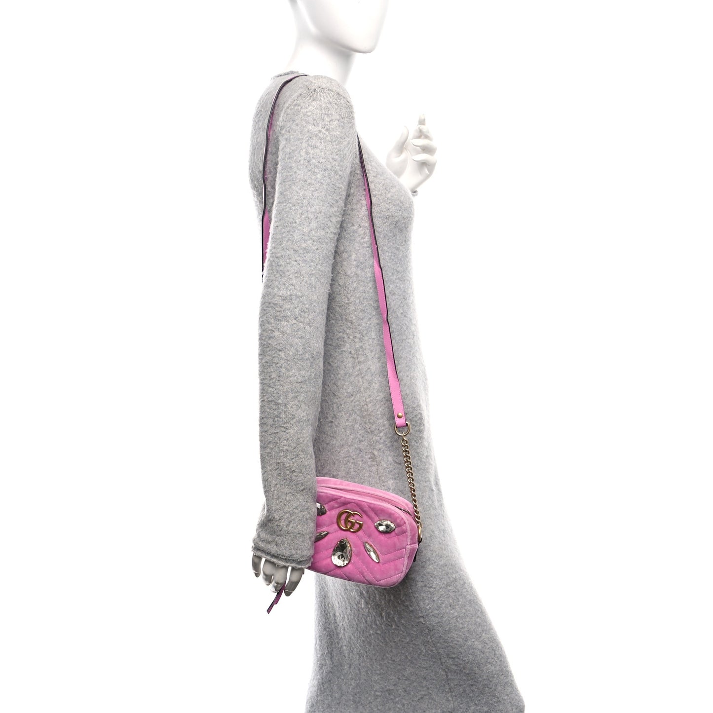 Velvet Matelasse Marquise Crystals Mini GG Marmont Chain Shoulder Bag Malva