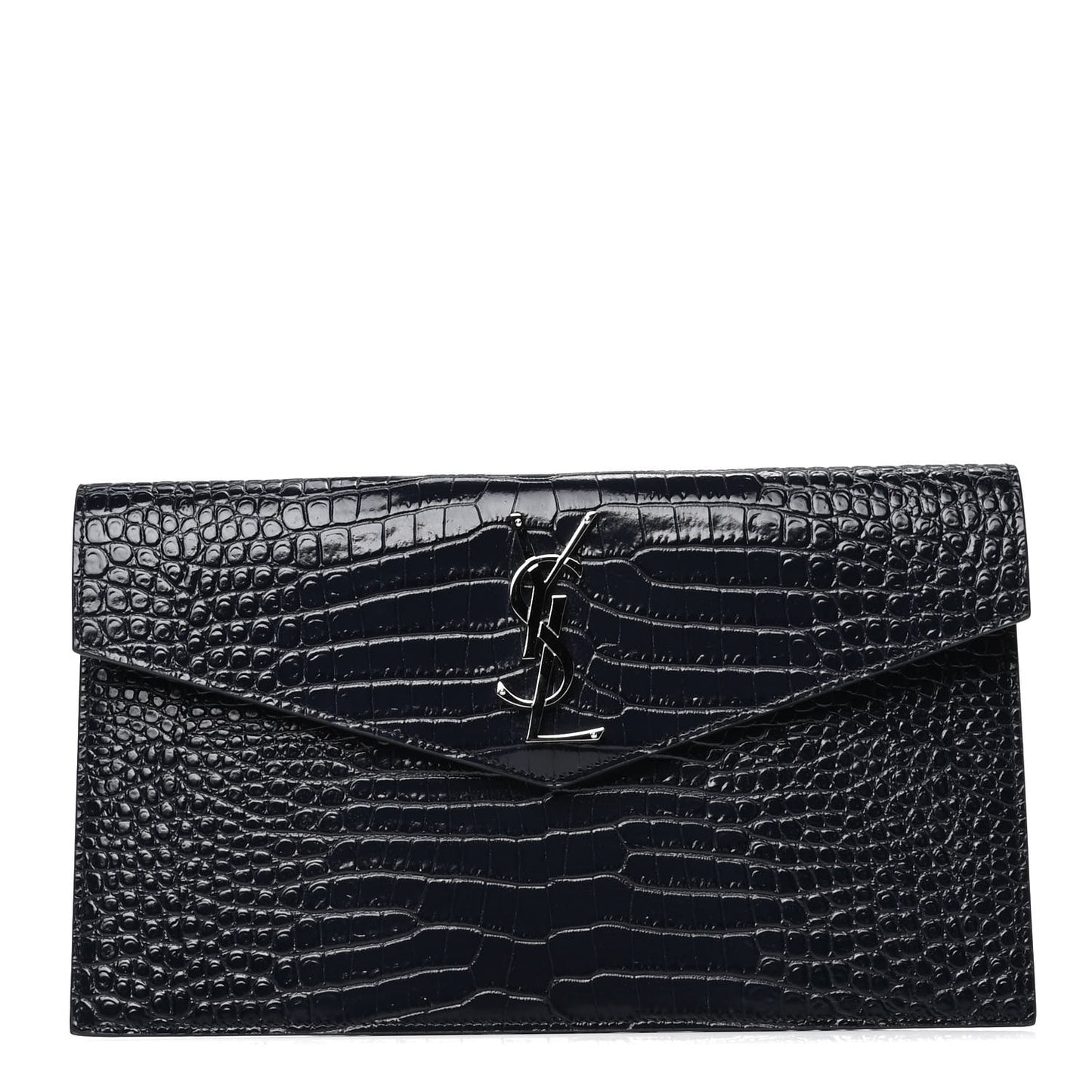 Calfskin Crocodile Embossed Uptown Monogram Clutch Deep Marine