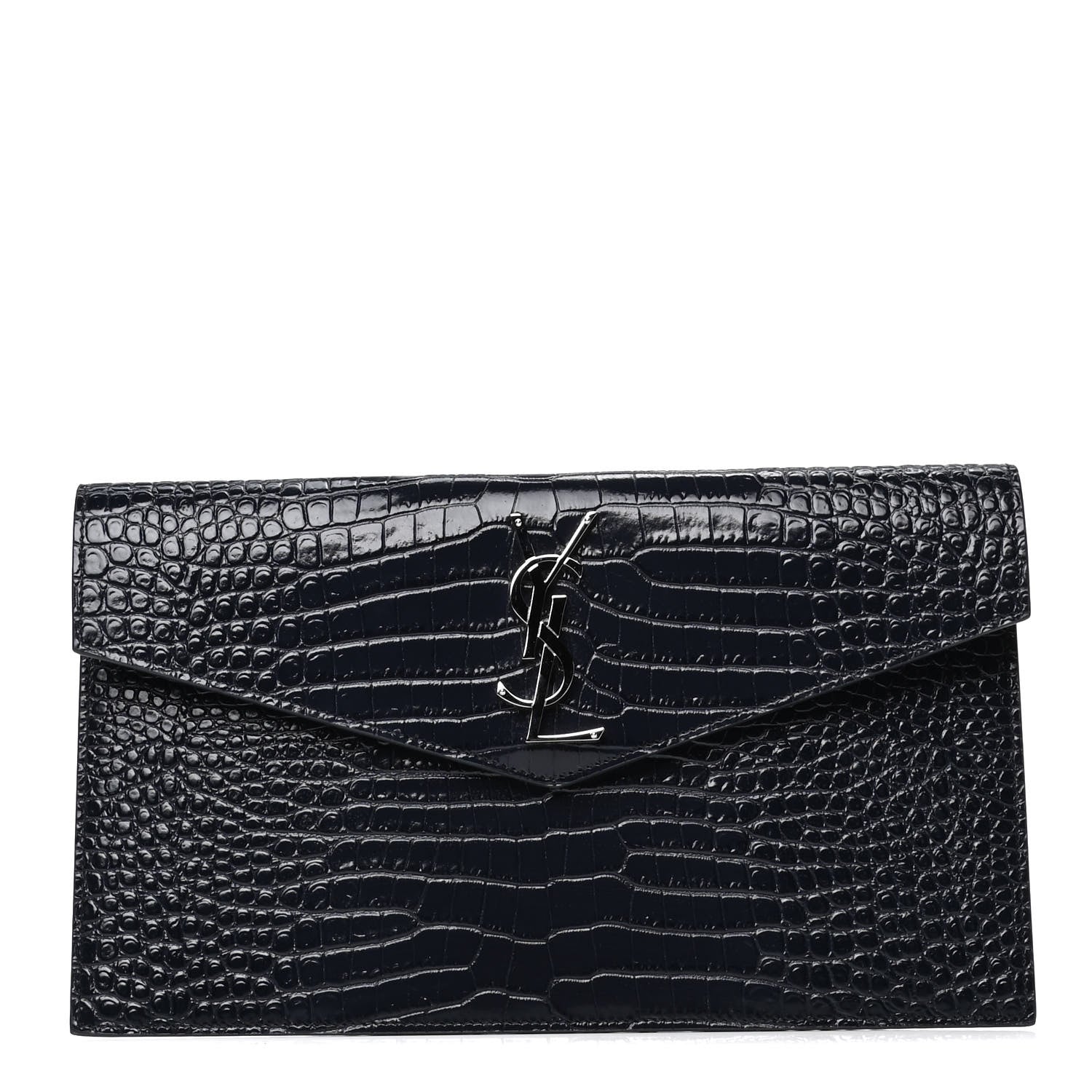 Saint Laurent Calfskin Crocodile Embossed Uptown Monogram Clutch Deep Marine 1 of 4