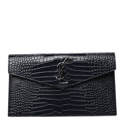 Saint Laurent Calfskin Crocodile Embossed Uptown Monogram Clutch Deep Marine 1 of 4
