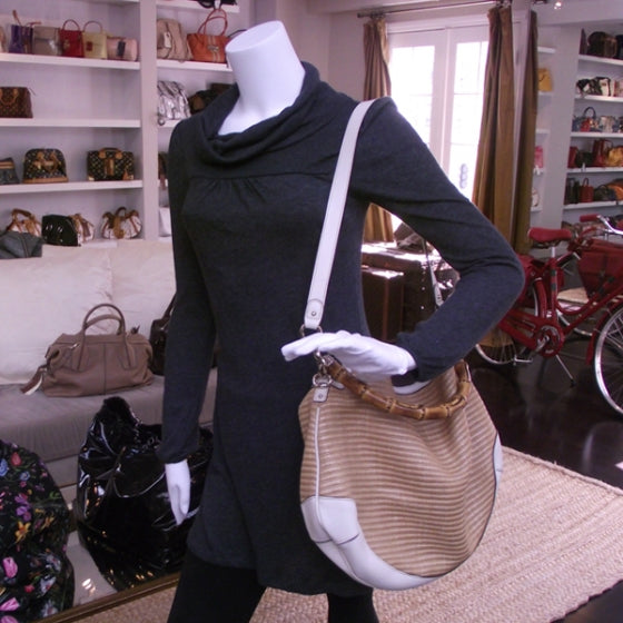 Straw Bamboo Handle Hobo