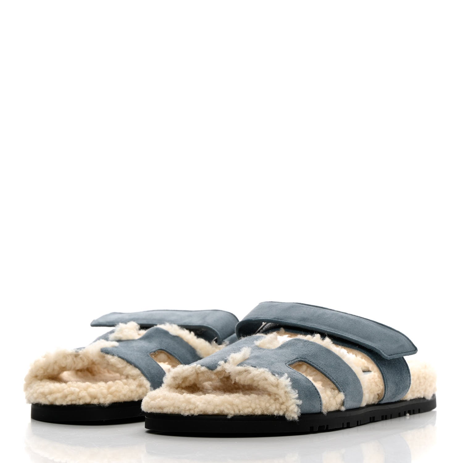 Hermes Suede Goatskin Woolskin Womens Chypre Sandals 37 Bleu Pinede Ecru 3 of 8
