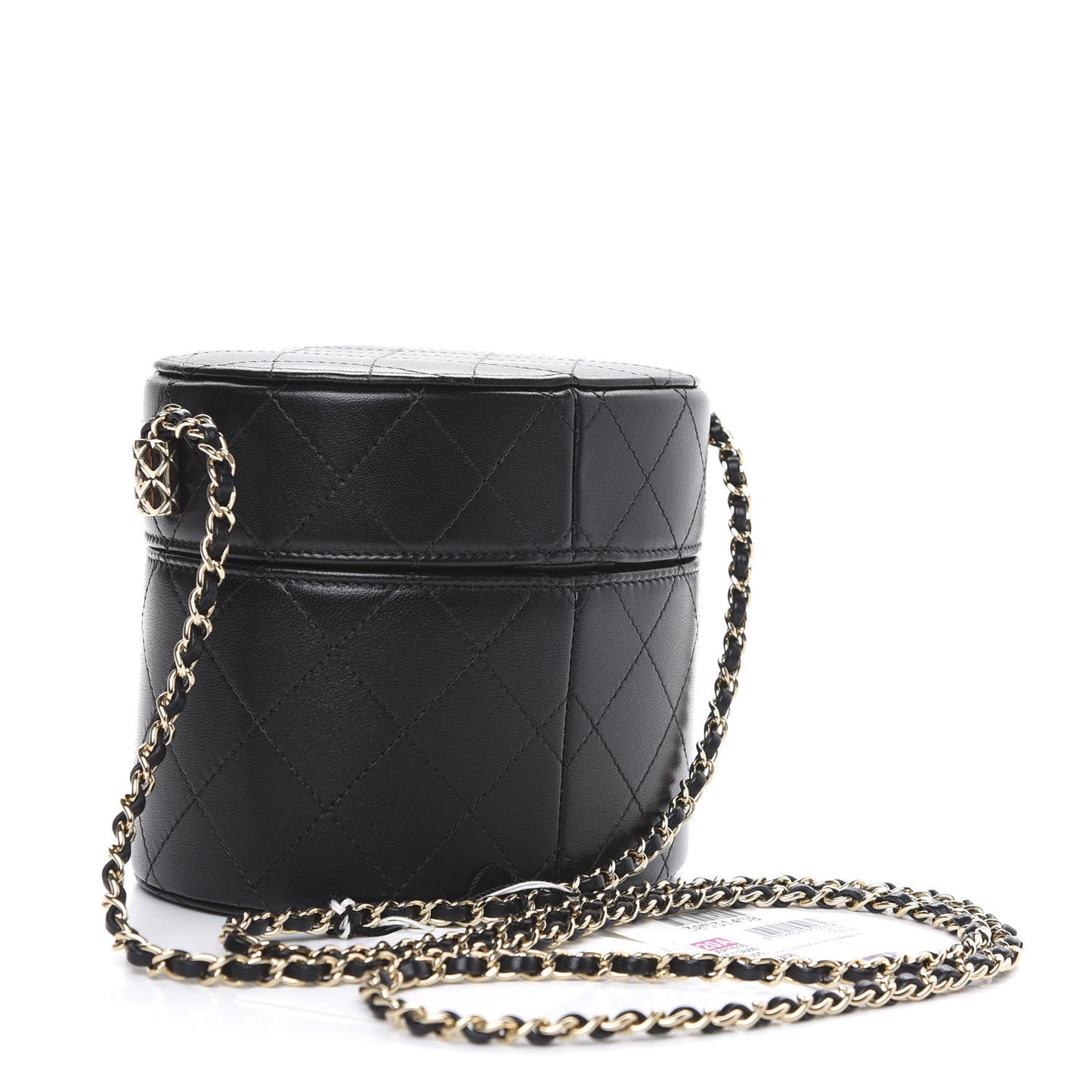 Lambskin Quilted Round Vanity Case With Chain Black
