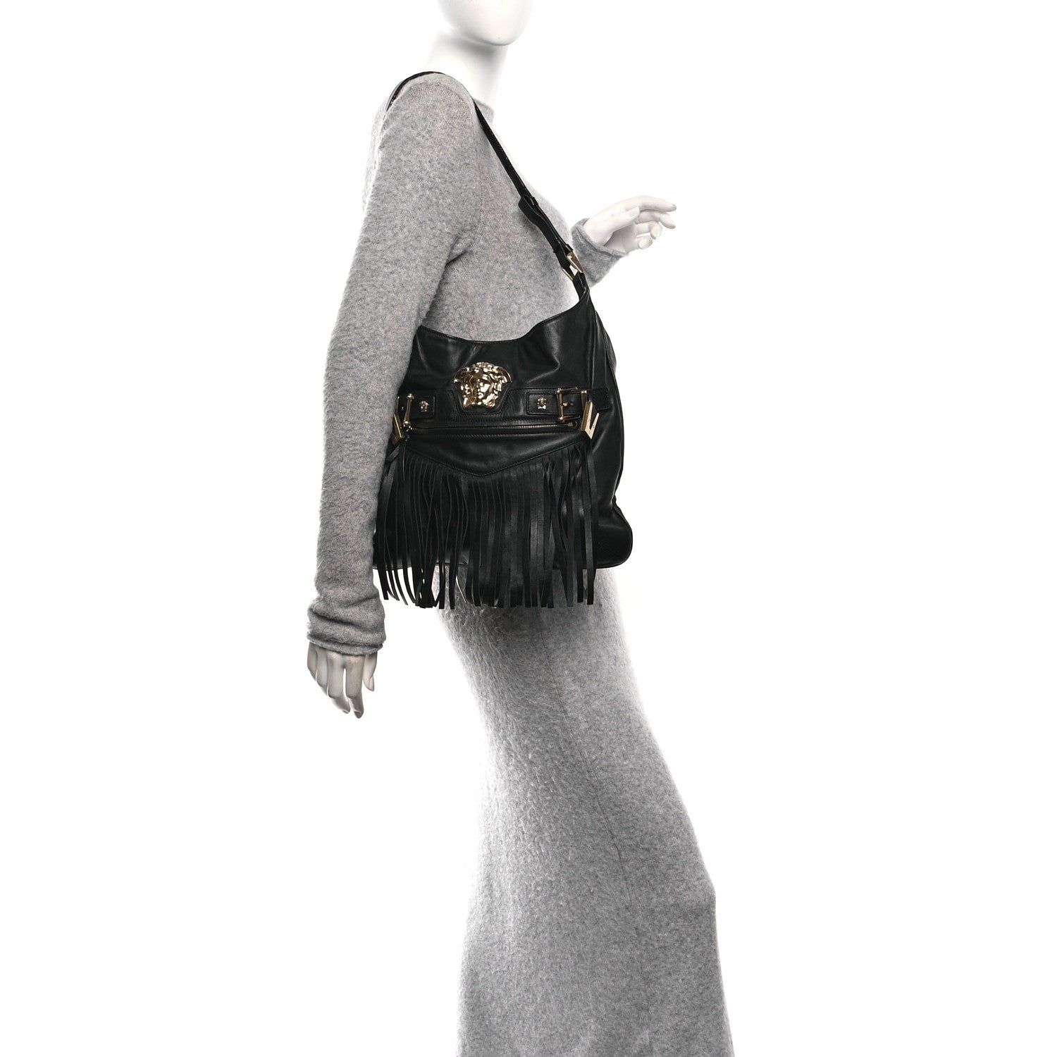 Versace Calfskin Palazzo Fringe Shoulder Bag Black 2 of 10