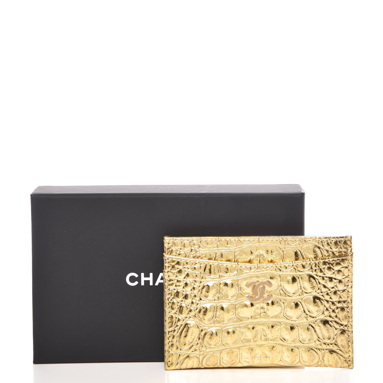 Chanel Metallic Calfskin Crocodile Embossed Cocodile Card Holder Gold 9 of 9